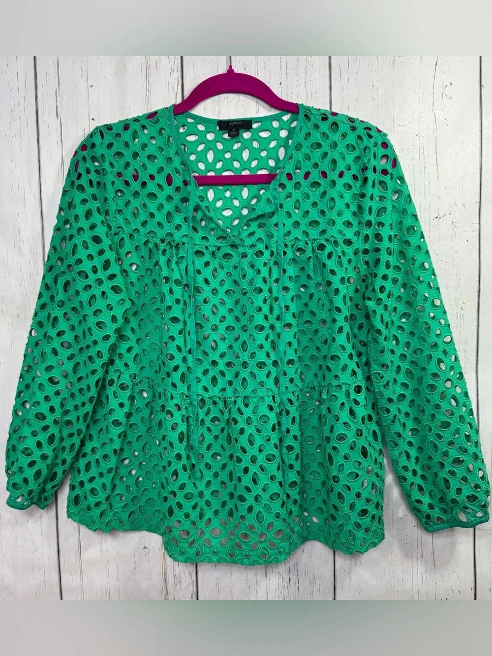 J.Crew Green Eyelet Lace Boho Peasant Blouse Cottagecore Resort Coastal Top M